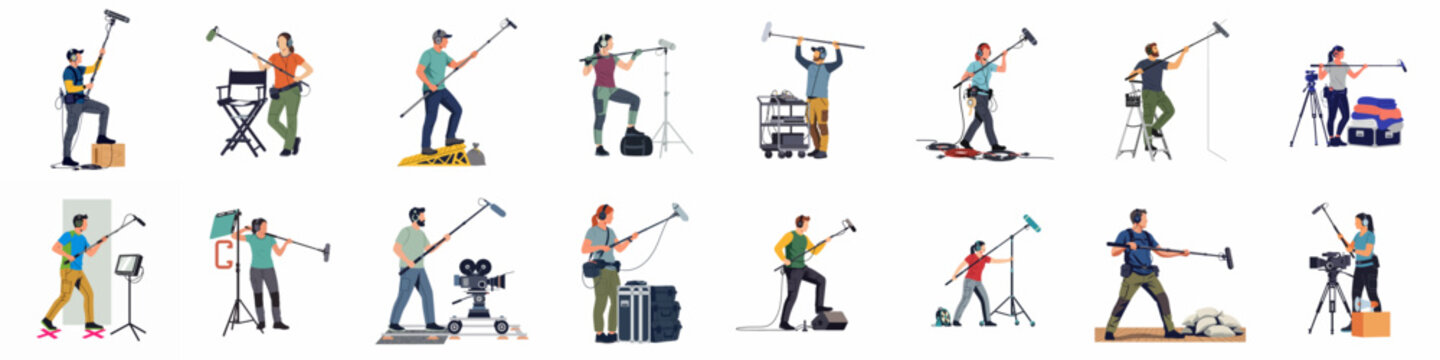 Flat vector illustration set of professional boom operators and sound recordists working on a film or television production with specialized audio equipment.