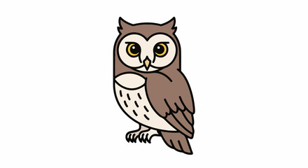 Fototapeta premium A charming cartoon owl with wide, yellow eyes and brown feathered plumage stands alert