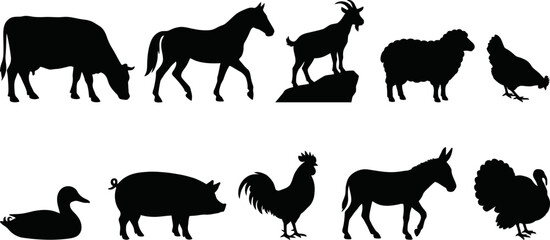 Black silhouettes of various farm animals on white background © SAYEDAJANNATUL