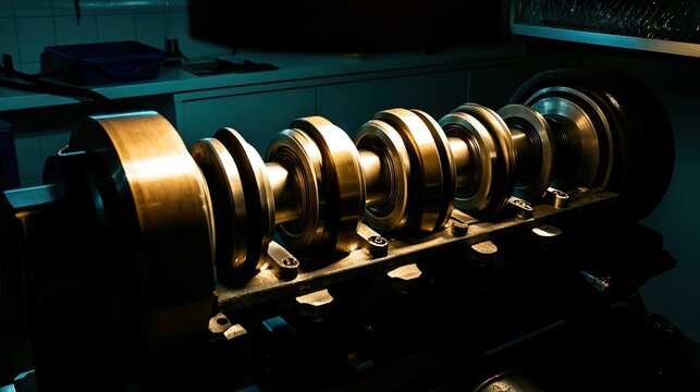 crankshaft. Large crankshaft inside an engine under dramatic workshop lighting. safety posters, maintenance manuals, designed for precision metalworking and fabrication facilities.