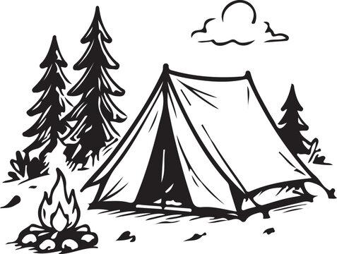 Camping tent in the woods with a campfire under a cloud in a simple black and white line art drawing style