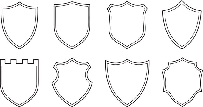 Set of eight different black outline shield shapes for heraldry and gaming logos on a simple flat graphic design style