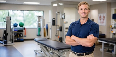 Fototapeta premium Generative AI, Smiling white male physical therapist with arms crossed in a rehabilitation clinic
