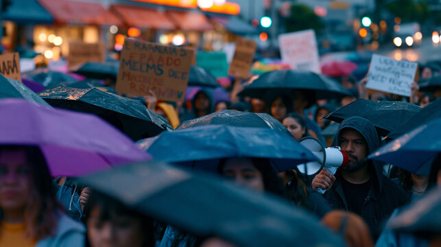 Dense crowd of Latin American community activists march through a rain-soaked urban intersection at twilight, handmade signs in Spanish and English raised above heads, community organizers using meg