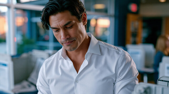 First-generation Filipino American man in crisp dress shirt stands alone inside empty polling booth on election morning, staring at ballot with visible emotion after completing naturalization the pr