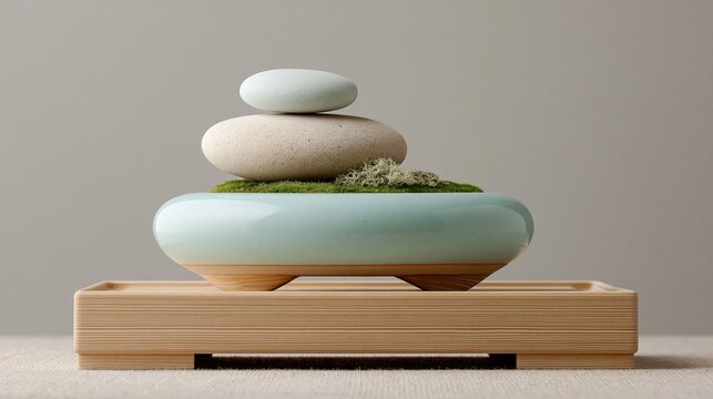 青い陶器の器に置かれた積み石と苔。木製の台座に乗ったミニマルな禅の装飾。静寂と集中を促すインテリア