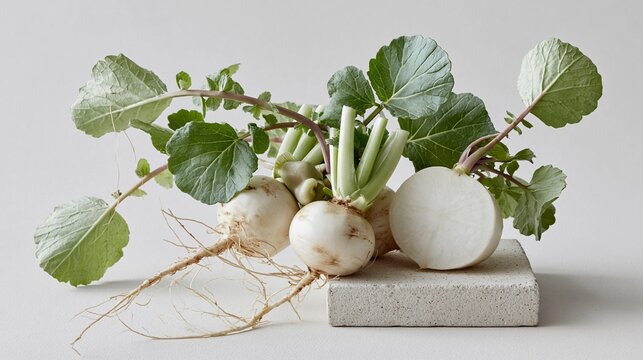 石の台に置かれた葉付きの白い小カブ。新鮮な根菜の静物写真。ミニマルな料理素材