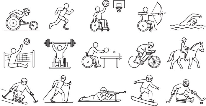 Set of paralympic sports icons featuring athletes with disabilities playing various games and activities