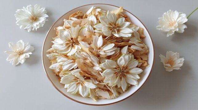 白い器に花のように盛り付けられた甘酢生姜の俯瞰写真。寿司の付け合わせ。和食の装飾的なガリ
