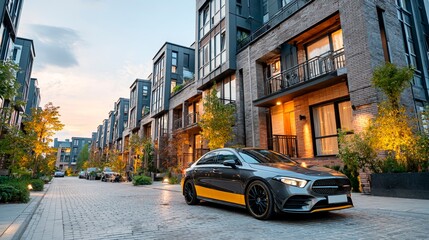 Obraz premium A sleek grey and yellow sports car rests on a cobblestone street, serving as a dynamic background for luxury real estate marketing and urban lifestyle themes.