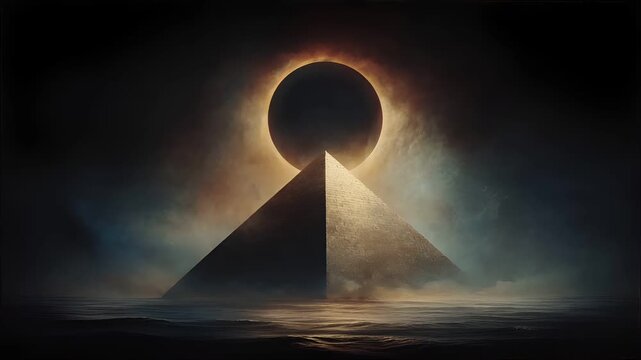 Eclipse, fantasy, mysterious, supernatural. A dramatic digital artwork depicts a large, egyptian pyramid standing in the middle of a vast expanse of water. The pyramid is illuminated by a radiant sun.
