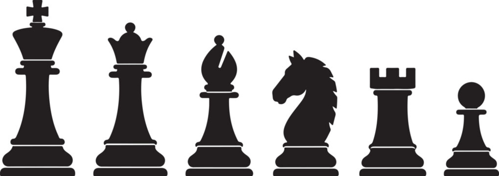 Set of black chess pieces including king queen bishop knight rook and pawn isolated icons for board games