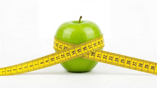 Fresh green apple wrapped with a yellow measuring tape for diet and health on white background