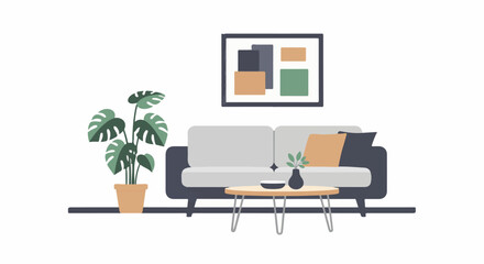 Fototapeta premium Modern living room setup with a grey sofa, potted plant, and abstract art