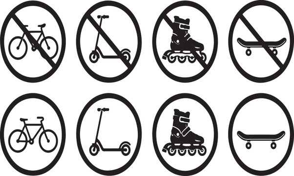Set of black prohibition and permission signs for bicycles scooters roller skates and skateboards in simple graphic style