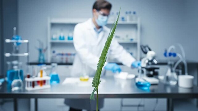 Green cannabis leaf with scientist in laboratory background.