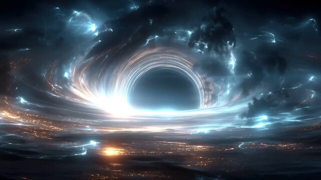 Black hole, fantasy, mysterious. A vivid digital artwork depicts a cosmic scene. A swirling vortex of light and shadow creates a mesmerizing effect against a dark, stormy sky.