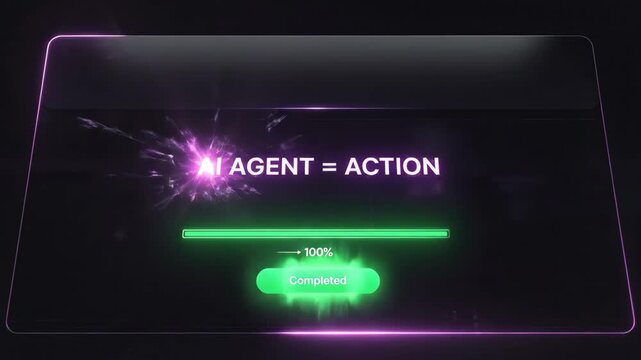 Artificial intelligence agent performing automated action on screen. Digital process displaying completed status bar as system task success for software interface.