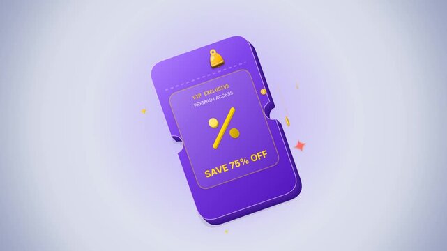 Modern 3D animation featuring a premium discount coupon ticket with VIP membership access, percentage savings symbol and gold coin elements. Ideal for e-commerce, retail promotions, loyalty programs.