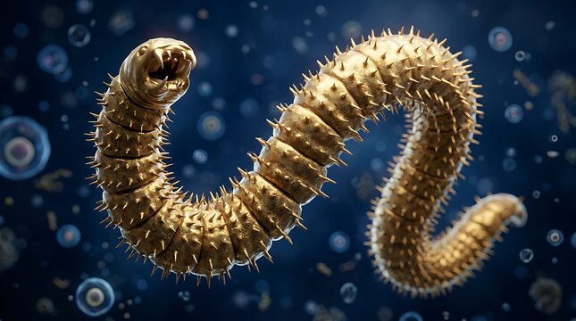 Golden worm, microscopic creature, science illustration, 3D rendering, shiny spiky invertebrate