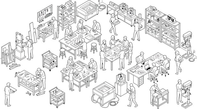 Isometric illustration of a busy makerspace workshop with people working on projects, using 3d printers, laser cutters, and hand tools