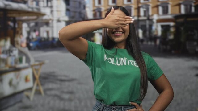 Young hispanic volunteer woman smiling with hand covering eyes and other hand on hip in a busy cobblestone street market; community service joy.
