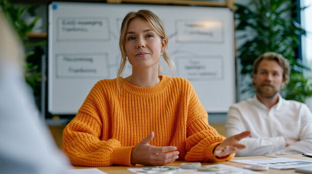Senior brand strategist presenting a brand refresh relaunch roadmap to a client team, before-and-after visual identity examples mounted side by side on a presentation wall inside a clean modern agen