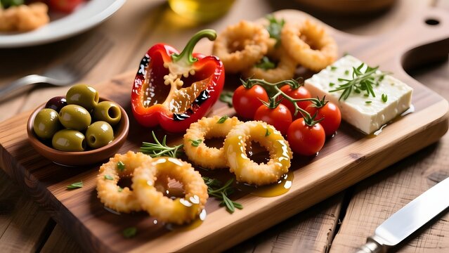 Mediterranean appetizer platter with fried calamari rings, grilled red pepper and feta cheese, gourmet seafood tapas board with olives and cherry tomatoes