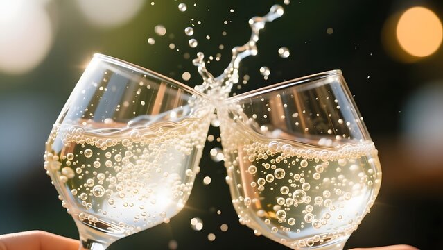 Champagne toast with splashing bubbles, two crystal glasses clinking in celebration, sparkling golden wine for luxury event or wedding party