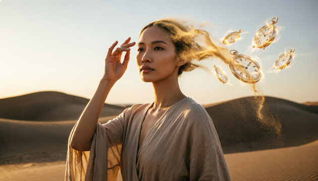 Surreal concept of the passage of time. A woman dissolving into sand and floating pocket watches in a desert landscape.