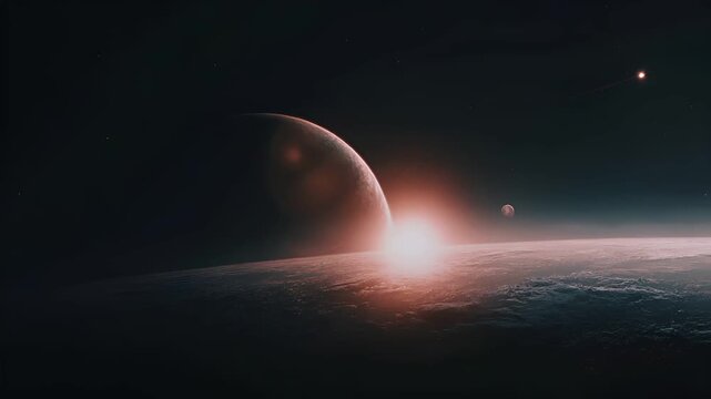 Space universe exploration, fantasy, mysterious. A vivid, realistic depiction of a celestial scene. The main subject is a large, elongated planet with a radiant glow emanating from its surface.