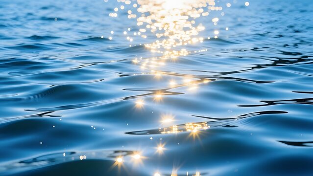 Sparkling blue water surface with golden sun glints, shimmering ocean waves at sunset, tranquil sea ripples with bright bokeh light reflections