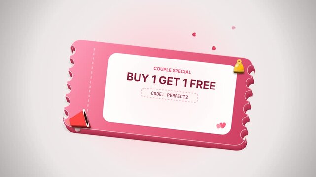 Modern 3D coupon ticket animation featuring Buy One Get One Free promotional offer with discount code, retail marketing elements and clean background. Perfect for e-commerce campaigns, seasonal sales.