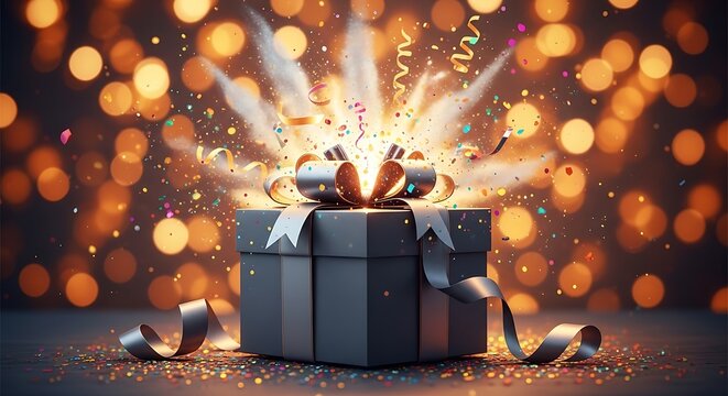 Christmas gift box surprise elegant black box with silver ribbon and confetti explosion