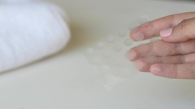 Close-up of transparent acne stickers designed for pimple recovery and skin care. Suitable for Korean beauty campaigns, dermatology products and cosmetic skincare brands.