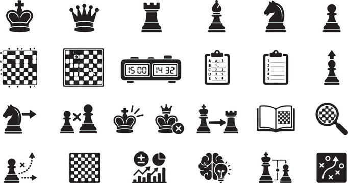 Set of black chess icons representing strategy pieces board game timer and tactics for professional match analysis