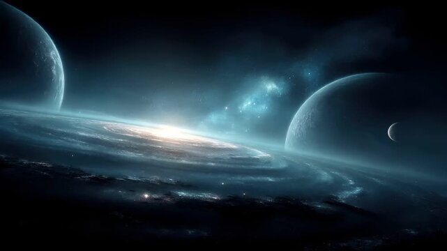 Space universe exploration, fantasy, mysterious. A vivid digital artwork depicts a cosmic scene. Two large, translucent planets, one larger and one smaller, are the main subjects.