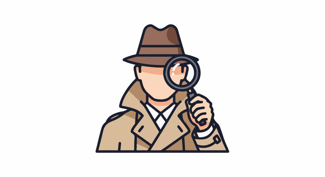Animated detective with hat and trench coat peers through magnifying glass