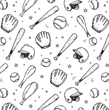 Seamless pattern with hand drawn baseball equipment like bats balls gloves and helmets in a simple doodle sketch style