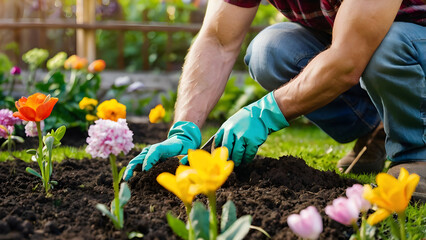 Fototapeta premium gardener planting flowers, Professional gardener planting flowers in backyard garden spring season home concept