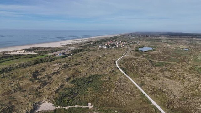 Very wide aerial of hotel beach and island layout