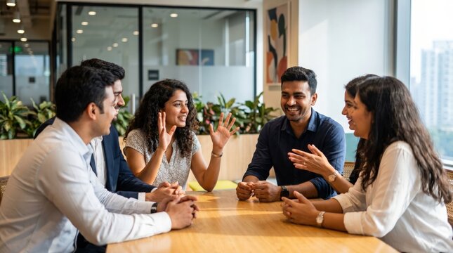 Diverse Young Entrepreneurs and Indian Professionals in Lively Business Debate: Premium Co-working Space Concept
