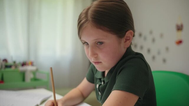 A young girl sits at her desk, diligently writing with a pencil in her notebook. She is focused on her schoolwork at home.