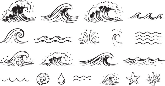 Set of hand drawn ocean sea waves sketches with starfish shell and water drop icons for summer design