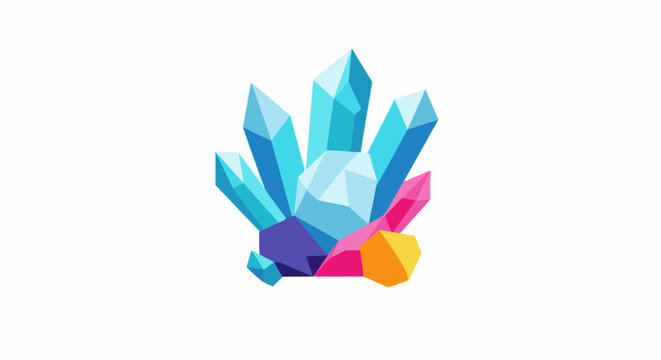 Geometric crystal cluster in vibrant blues, pinks, and yellow