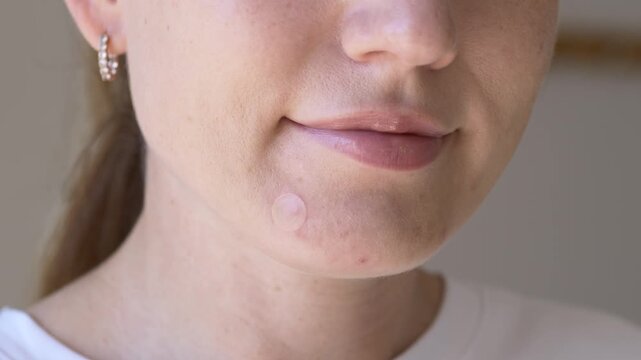 Woman applying transparent hydrocolloid patch on acne spot on chin in soft daylight. Realistic skincare footage suitable for dermatology clinics, pharmacy advertising and beauty brands.