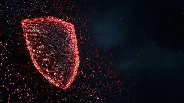 hacking. A glowing red shield icon floats against a dark background, symbolizing digital security and protection. product launch decks.