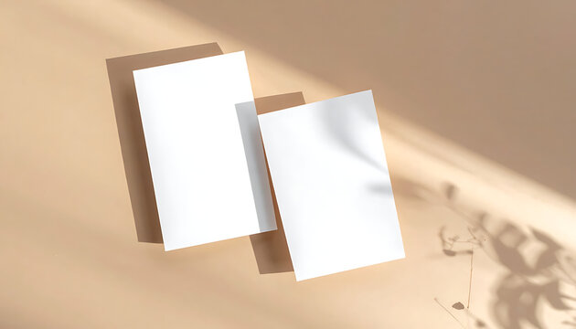 Two blank white cards casting soft shadows on a warm beige background with overlaid leaf shadow patterns, perfect for mockup or branding presentations