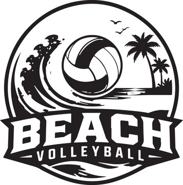 Black and white beach volleyball emblem with a ball wave and palm trees for sports club logo design