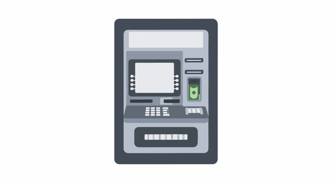 A flat illustration of a grey ATM machine with a screen, keypad, cash slot, and card reader